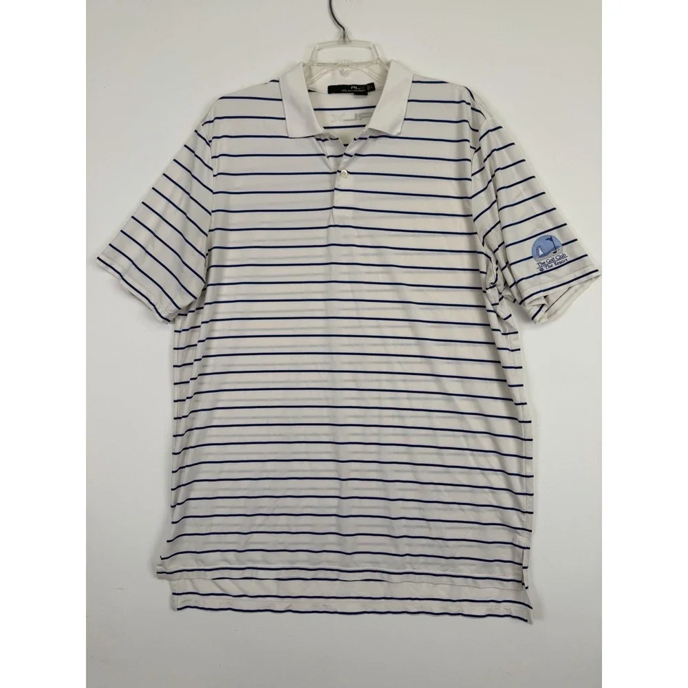 RLX Ralph Lauren Polo Shirt Mens Large Blue Striped The Golf Club @ The resort
